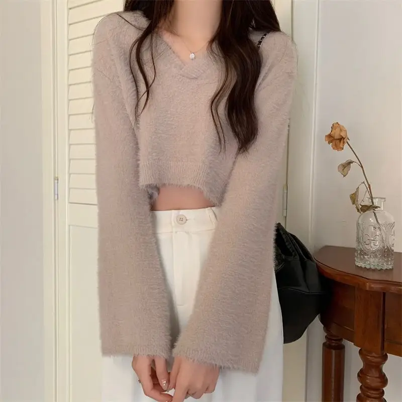 Faux Mink Velvet Pullovers Women Short V-neck Loose Basic Ins Autumn Winter Korean Solid Fluffy Gentle All-match Female Graceful