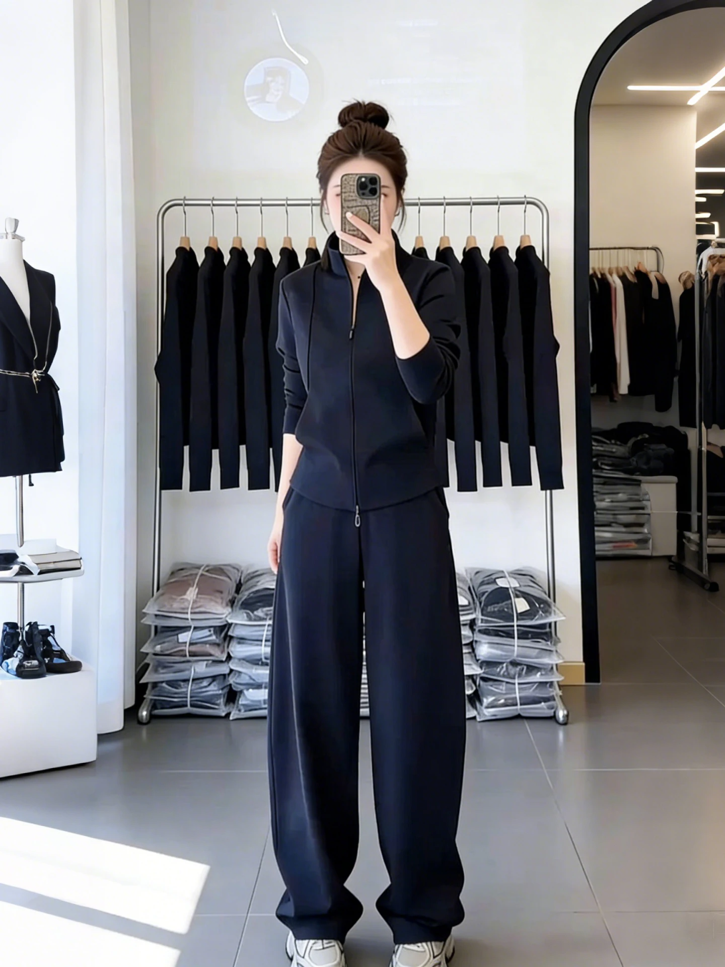 

Spring Fashion Slimming Stand Collar Sweatshirt High Waist Wide Leg Pants Casual Sport Two Piece Set Comfortable Breathable