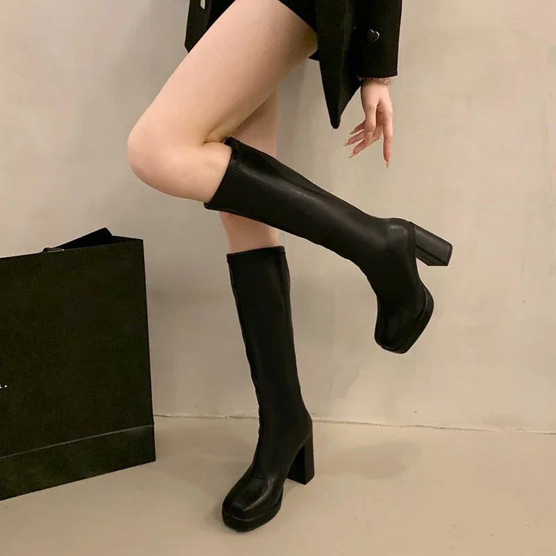 

Women Punk Style Autumn Winter Chunky Platform High Boot Party Shoes Ladies Black Thick Heels Elastic Knee High Boots Booties C