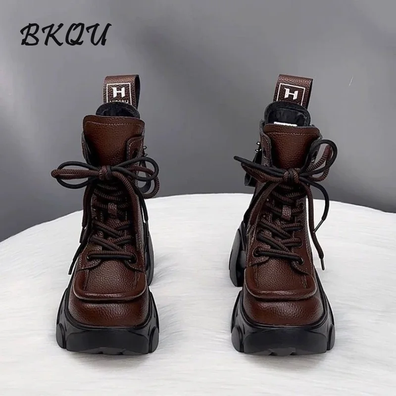 BKQU Thick Sole Design Sense Women's Boots Female 024 Autumn Burst Retro Fashion British Style Small Height Increase Ankle Boots