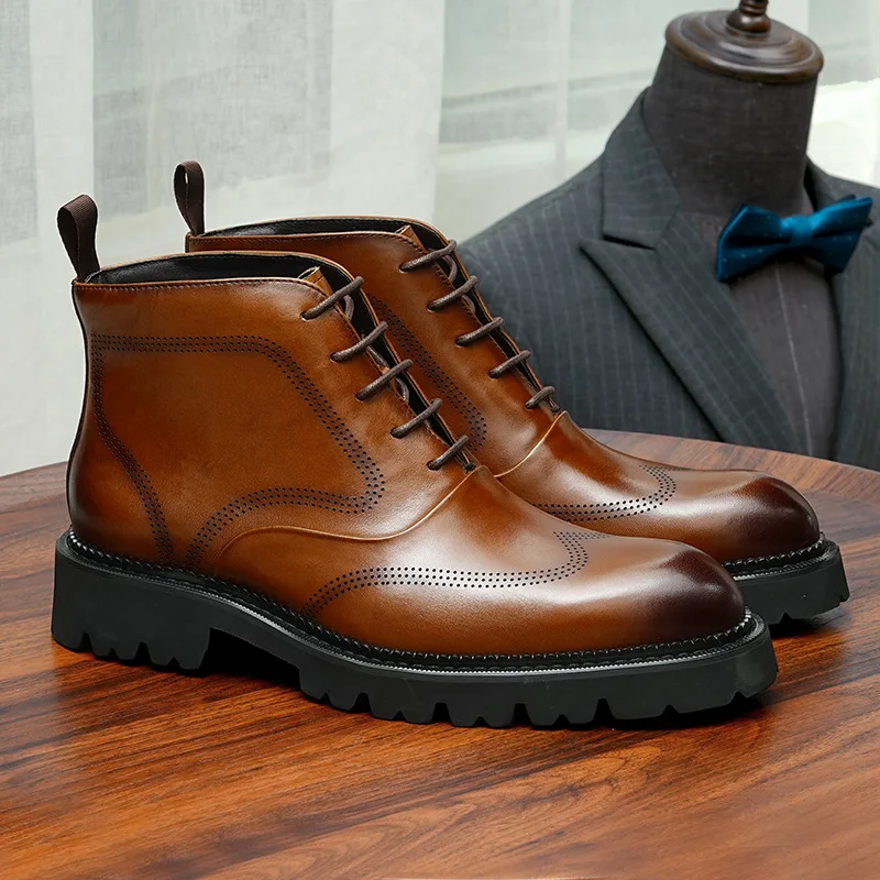 

New Round Toe High Heel Men's Boots Increased 4cm Cowhide Leather Short Boots Lace-Up Leather Lace-Up Men's Shoes