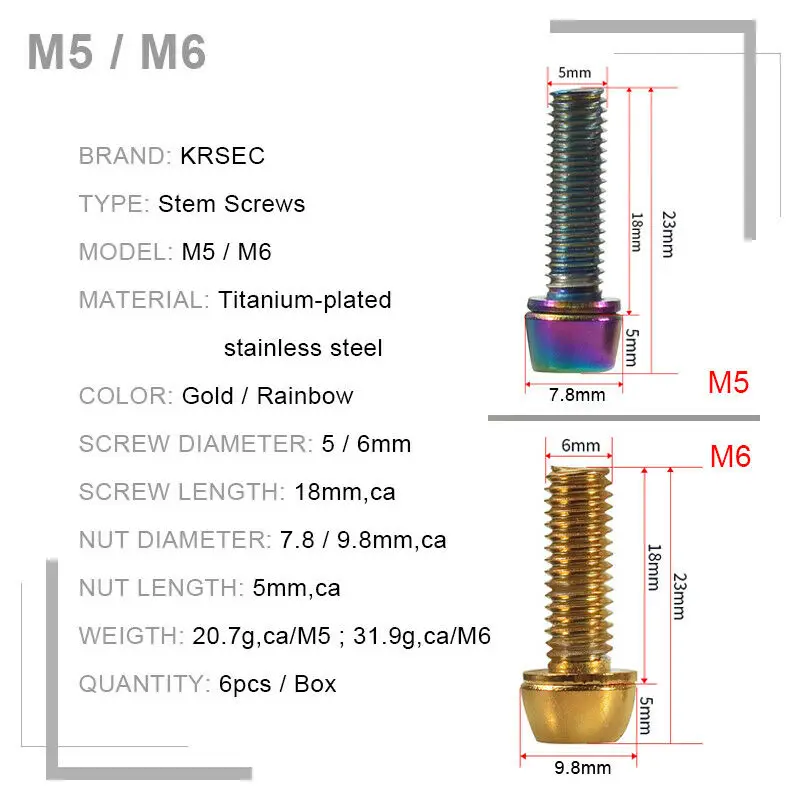 KRSEC M6/M5 Bike Stem Bolts Titanium Color MTB Bicycle Stem Screws stainless steel Fixed Bolt Handlebar Stem screw Cycling Parts