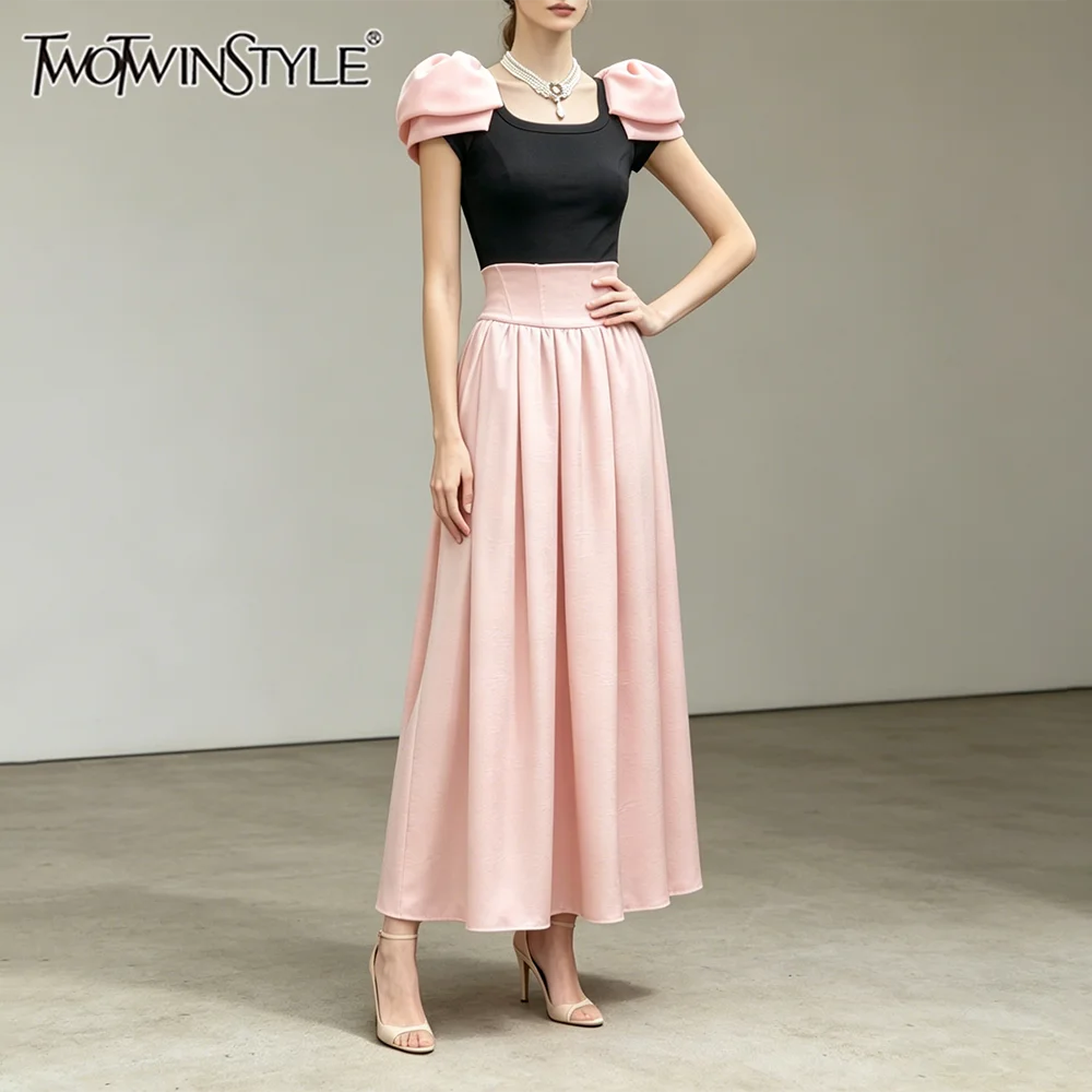 TWOTWINSTYLE Colorblock Slimming Spliced Folds Dress for Women Round Neck Short Sleeves Patchwork Zipper Midi Dresses Female New