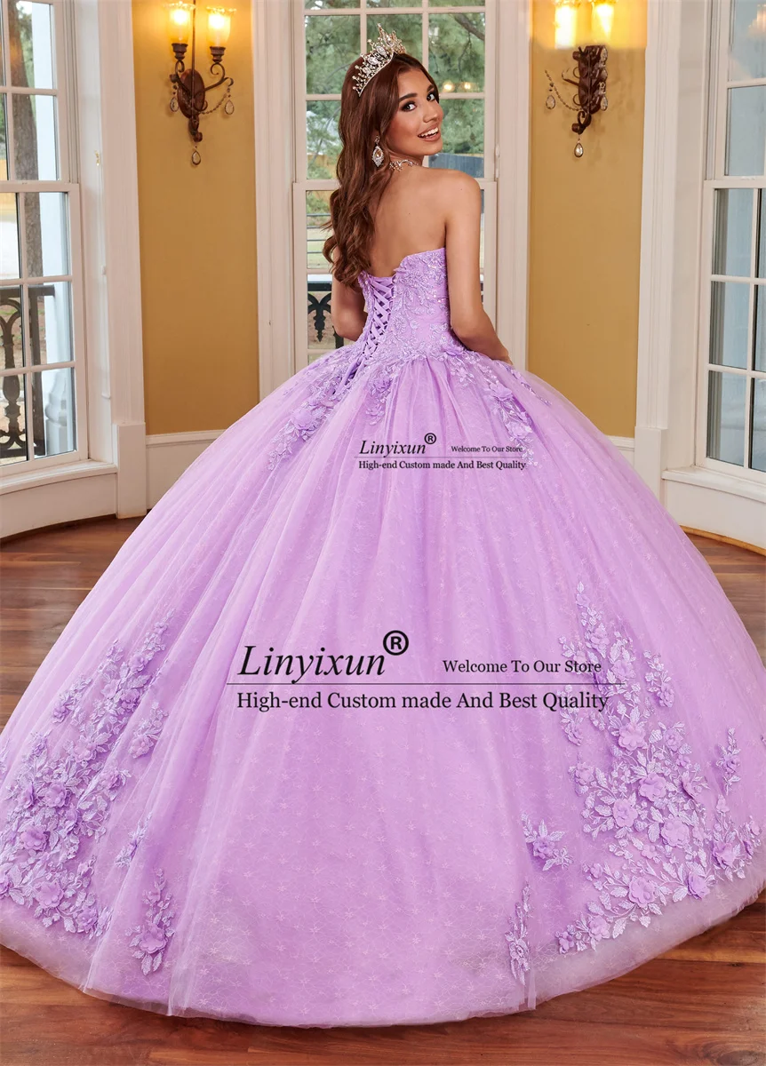 Gaun pesta putri ungu putri Lavender gaun Quinceanera gaun manik-manik applique renda bunga Vestidos De 15 Anos manis 16th Dres