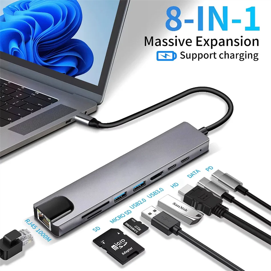 8 in 1 USB C HUB 3.0 Type C Splitter 4K Docking Station Laptop Adapter PD SD/TF For Macbook Air M1 iPad Pro RJ45 HDMI-Compatible