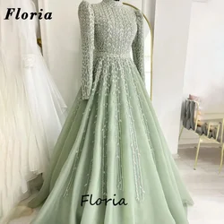 Green Beaded Evening Dresses Saudi Arabia Long Sleeves Prom Dress Dubai Sequins Crystals Wedding Party Gowns Engagement Dress