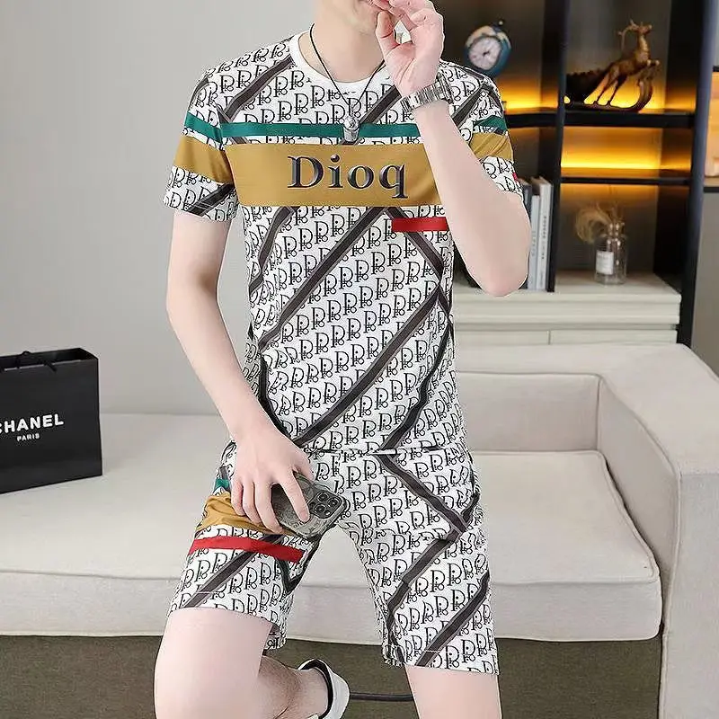 Fashion Short-sleeved Two-piece Summer Casual New Men's Suit T-shirt Shorts Youth Breathable Handsome Floral Tracksuit