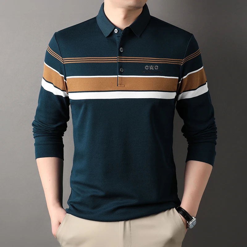 High end brand striped long sleeved exquisite letter printed polo shirt 2023  Autumn New men\'s lapel T-shirt Fashion casual top