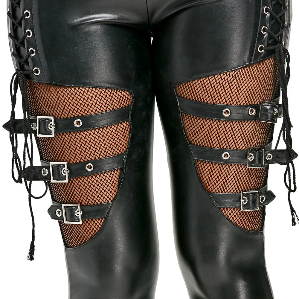 Gothic Punk Women PU Leather Leggings Lace‑Up Buckle Fishnet Cutout Club Skinny Pants
