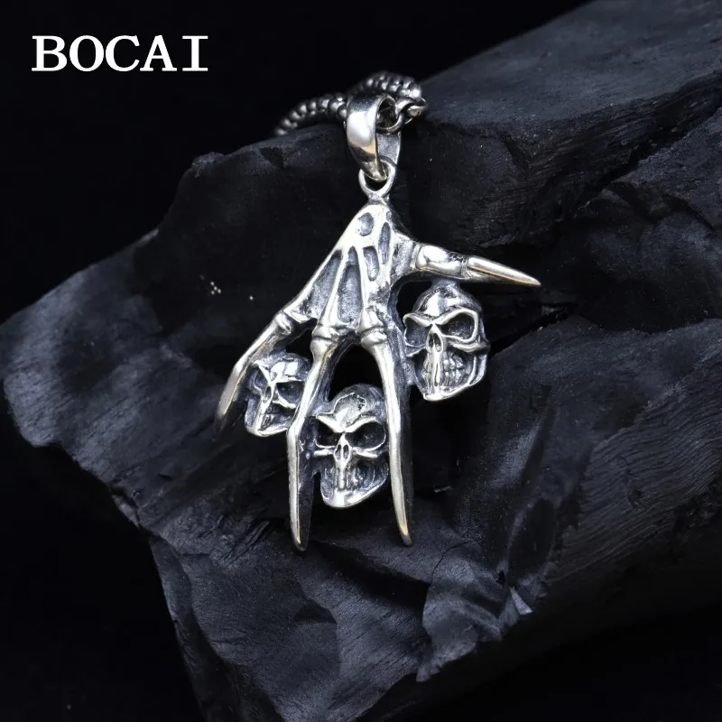 BOCAI New S925 Sterling Silver Retro Personalized Hip Hop niche Skeleton Hand Pendant Men's Gift