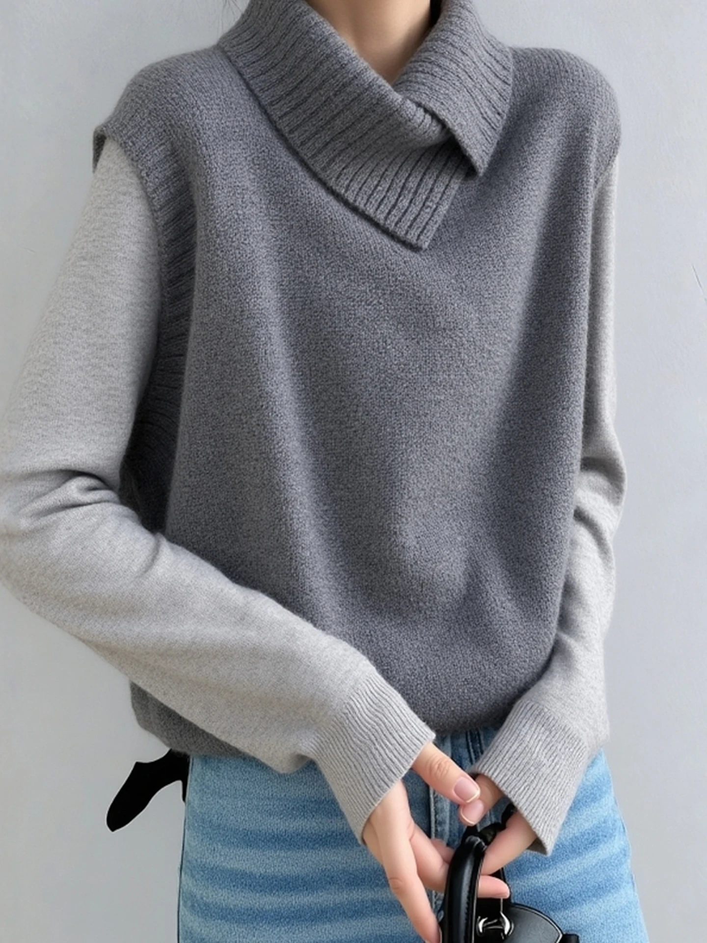 

Корейский свободный вязаный свитер, однотонный зимний топ с перекрытием, утягивающий дизайн, универсальный повседневный женский жилет для поездок на работу