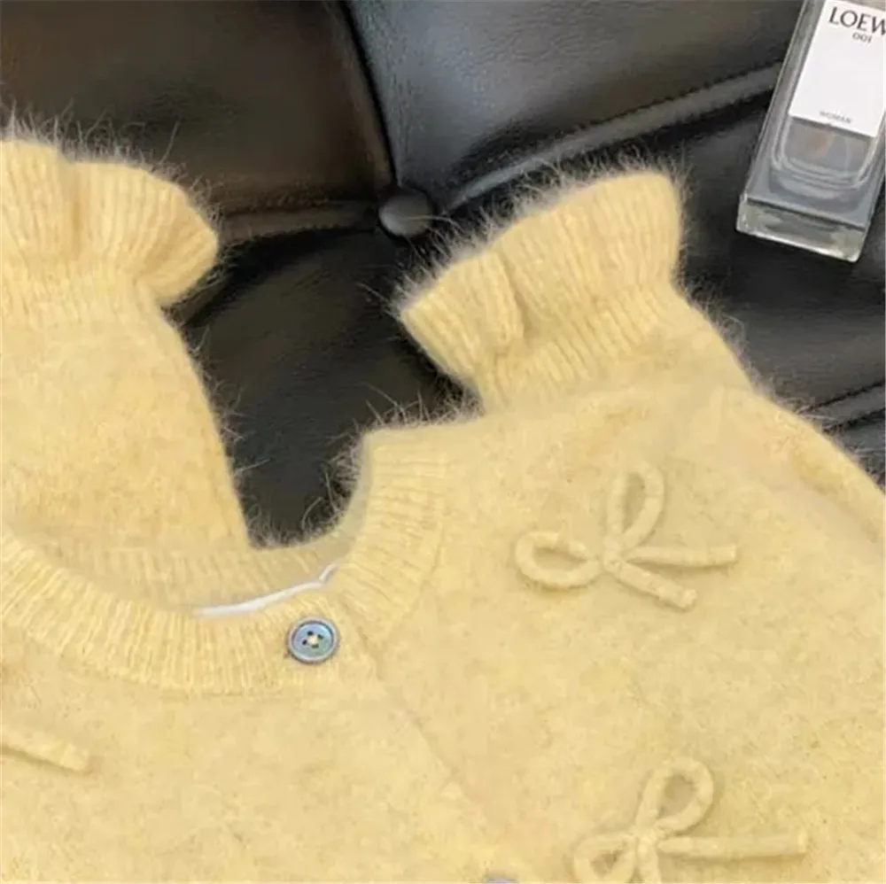 2024 Autumn/Winter Women\'S Knitted Cardigan Loose Japanese Preparatory Style Sweet Bow Yellow Lazy Knitted Cardigan Coat Sweater