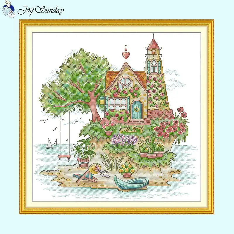 My Little Island DIY Handmade Cross Stitch Kits Landscape Pattern Embroidery 14 16 11CT White Printed Fabric Cotton Thread Set