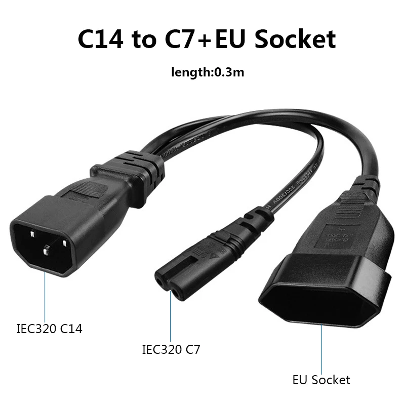 Electric IEC 320 C14 EU Socket Extension C7 2 Pin Power Cable Cord Server PDU UPS Y-Splitter 0.3m EU4.0mm Female Connector