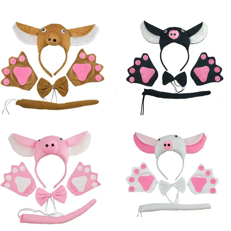 10pcs-party-pink-headband-bowtie-tail-gloves-for-children-animal-hair-bands-plush-headwear-halloween-costume-cosplay