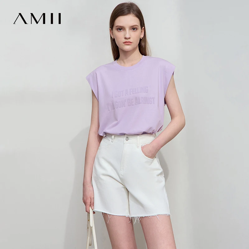 

AMII Minimalist Cotton T-Shirt for Women 2025 Summer Casual Medium Length Wide Shoulder Sleeveless Loose O-Neck Tee Tops12522155