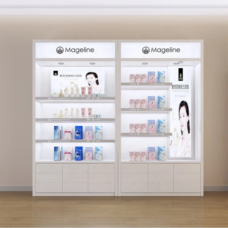 custom，High-end Cosmetics Shop Counter Design Retail Display Showcase for Makeup with Light  Wood Cosmetics Shop Furniture