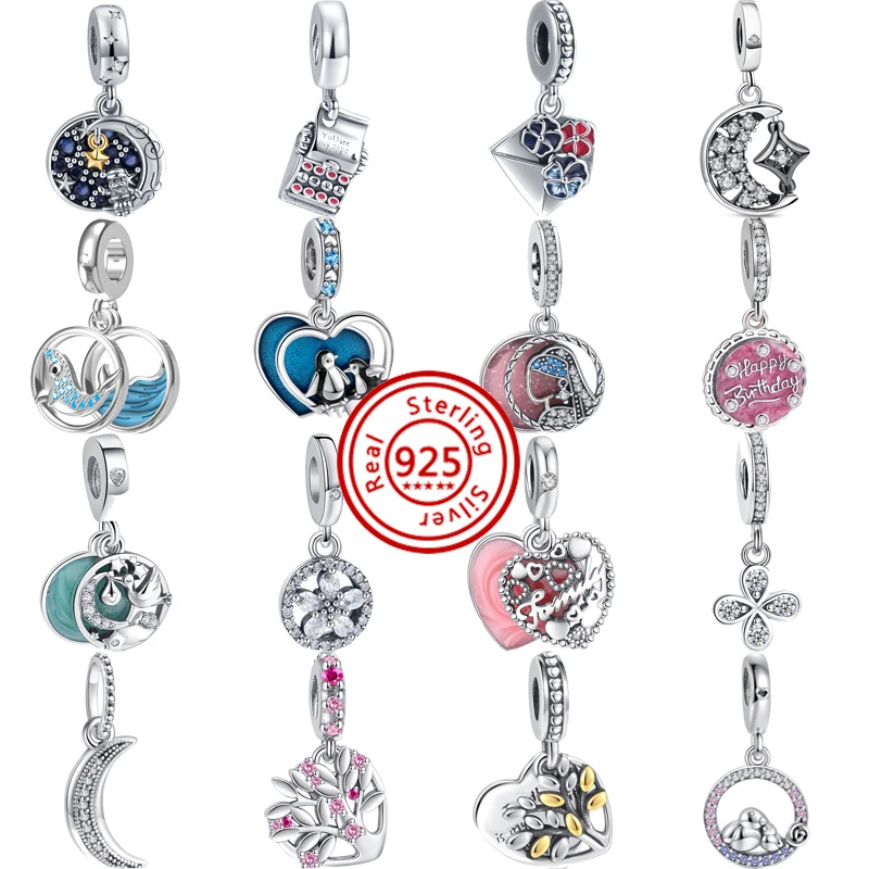 

New 925 Silver Moon Family Tree Happy Birthday Penguin Heart Dangle Charm Beads Fit Original Pandora Charms Bracelet DIY Jewelry