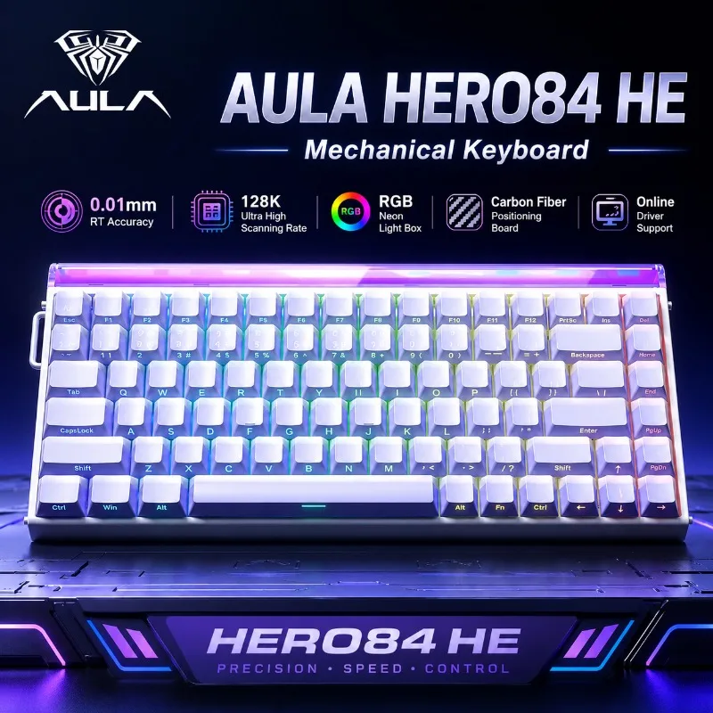 AULA HERO84 HE Magnetic Axis Keyboard Wired Gaming Keypad RGB Music Rhythm Neon Light Box Rapid Trigger For Desktop PC Mac Gamer