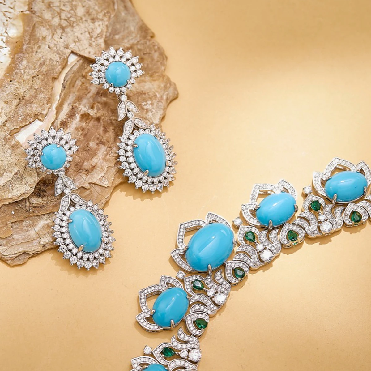 Ayjewelry New Trendy High Craft Blue Turquoise Tennis Necklace Earrings Gold PLated Luxury Designer Jewelry Set For Women Party view 5