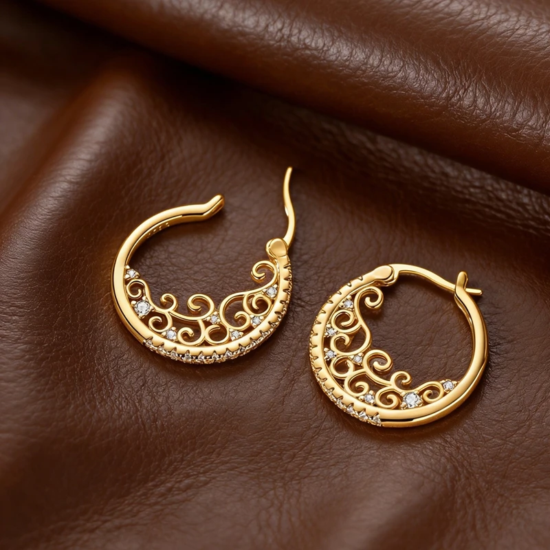 

925 Sterling Silver Gold Hoop Earring Vintage Pattern Round Circle Earring For Woman Fine Jewelry
