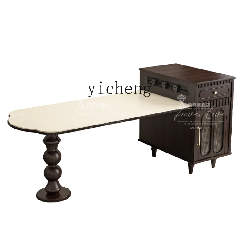 ZC retro retractable island dining table integrated multi-functional pure solid wood rock board dining table and chairs