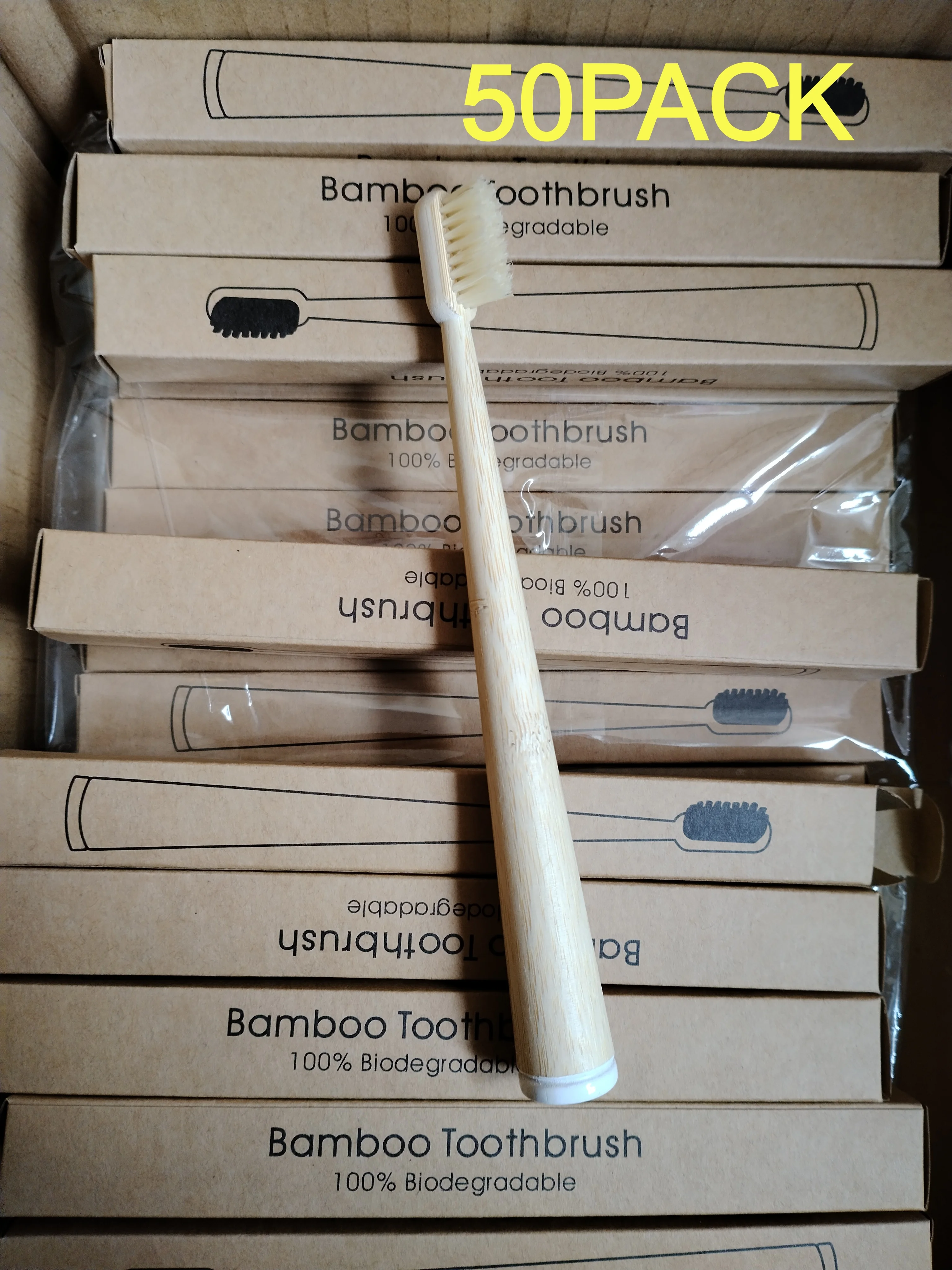 50 Pack Wholesale Bamboo Toothbrushes with Natural Boar Bristles