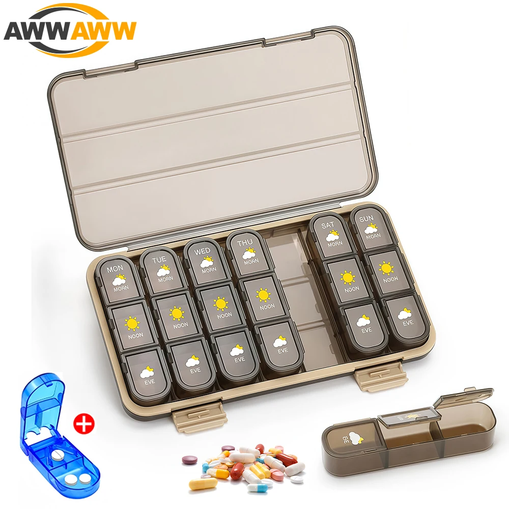 1Set Weekly Pill Organizer 3/4 Times a Day,21/28 Compartment with Pill Cutter,7 Day Pill Dispenser Medicine Box,Vitamin,Fish Oil