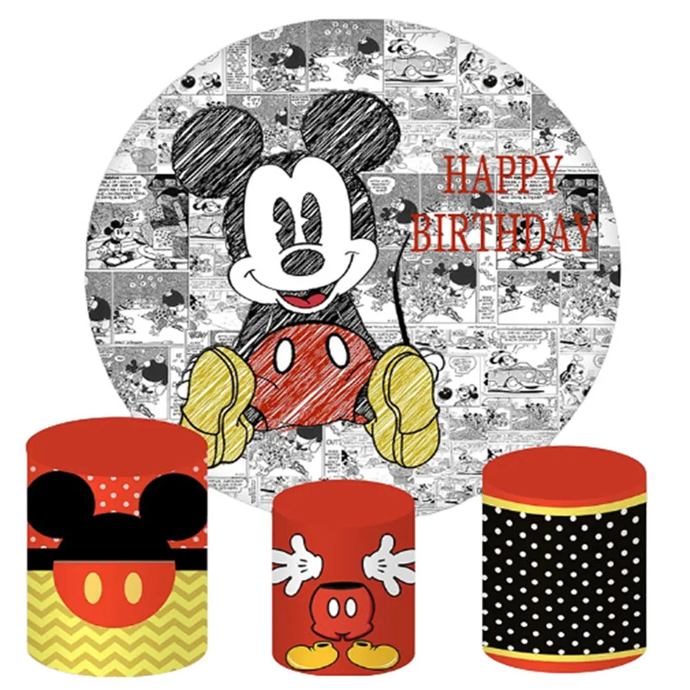 Mickey Round Backdrop and 3 Cylinders Cover (4 Pieces) Elastic Background for Photography Baby Shower Birthday Party Decoration