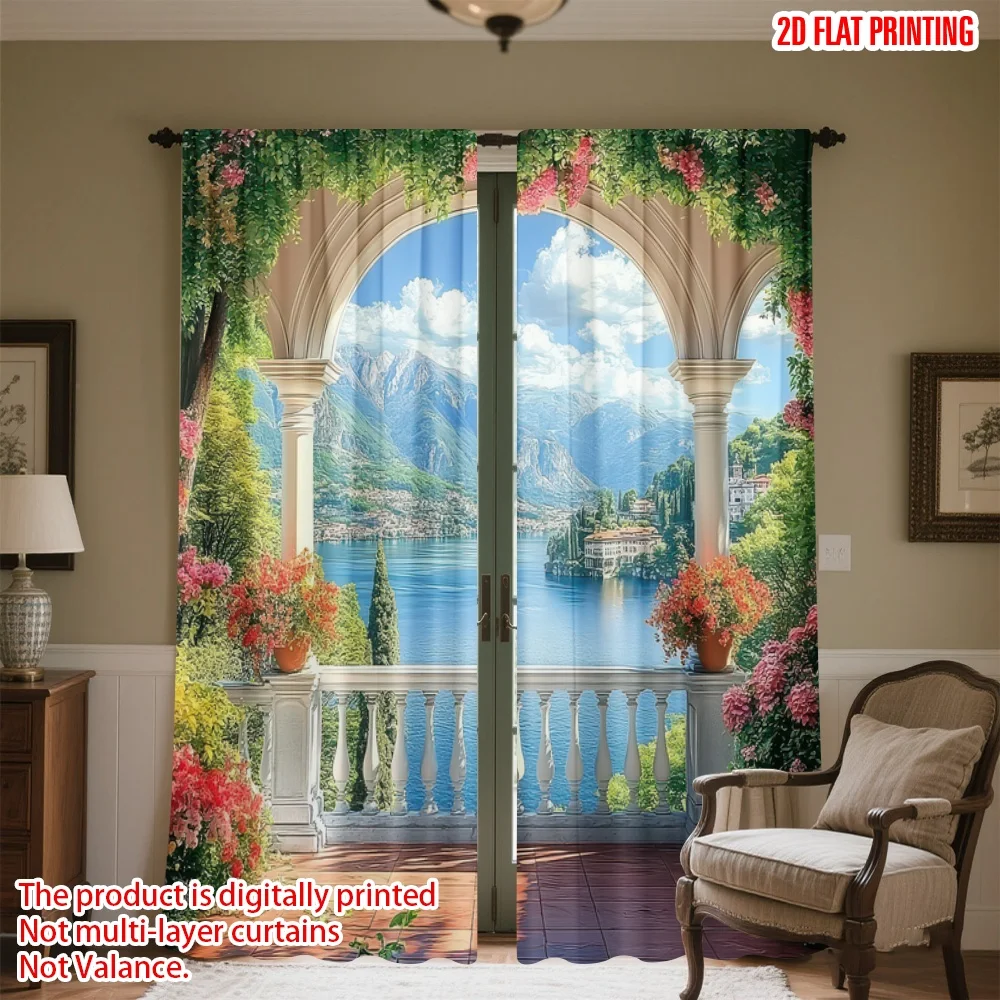 

2D flat printing 2pcs Party Curtain Scenic Lakeside Terrace Digital Printed Polyester Drapes Holiday Decorations Perfect for