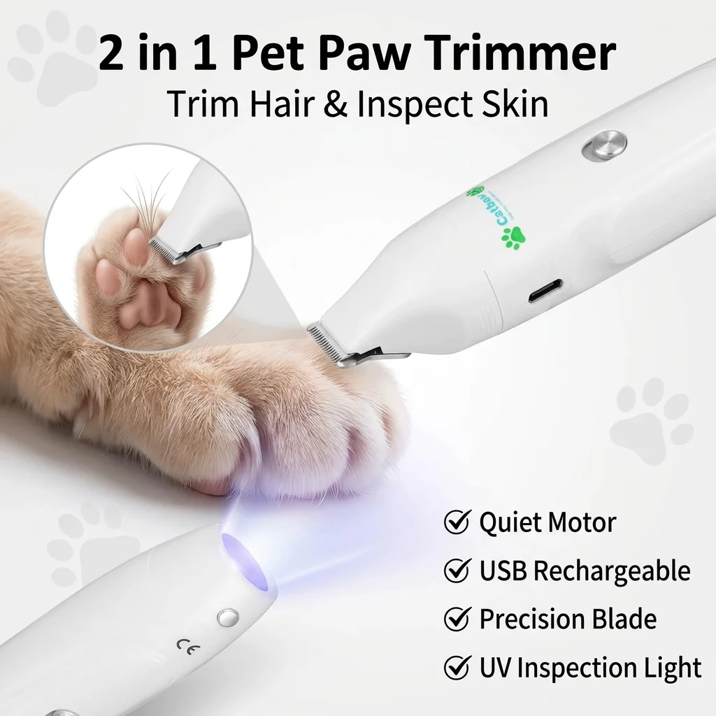 2-in-1 Pfoten-Trimmer mit UV-Inspektionslicht, Hunde- und Katzen-Pfoten-Haarschneider, Leises Tierpflege-Werkzeug USB-Aufladbar