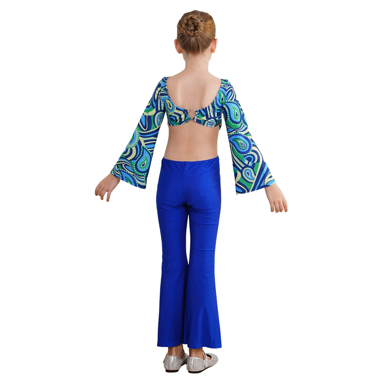 Kids Girls 70s 80s Hippie Disco Dance Costume Long Sleeve Cutout Flared Pants Jumpsuit Festival Carnival Rave Party Fancy Dress