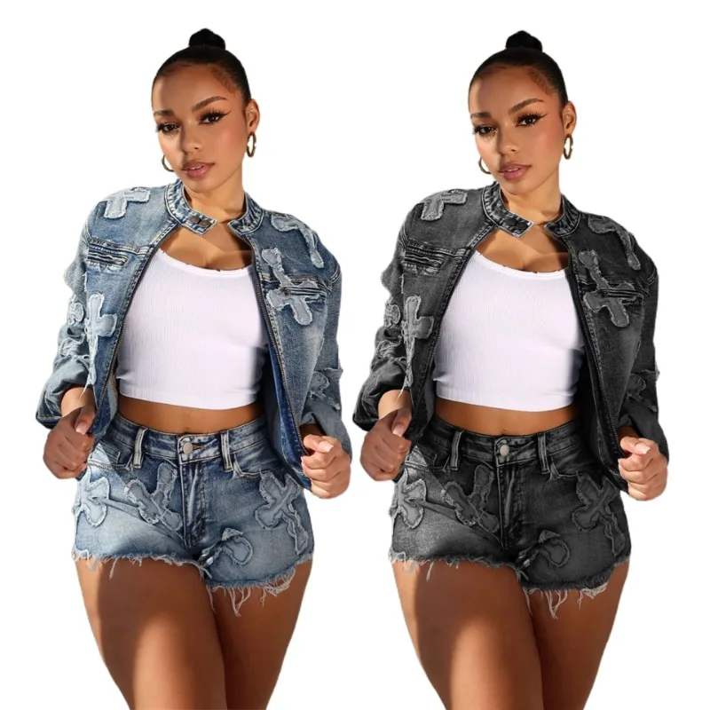 

2024 New Vintage Embroidery Cross Denim Set Women Spring Zipper Long Sleeve Jacket Button Tassel Shorts Casual Streetwear