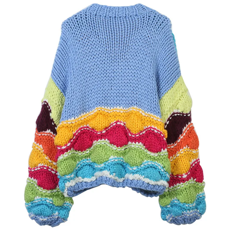 Sweet Blue Rainbow Striped Colored Hand Crochet Cardigan Woman V neck Lantern Sleeve Diamond Buttons Sweater Loose Jumper