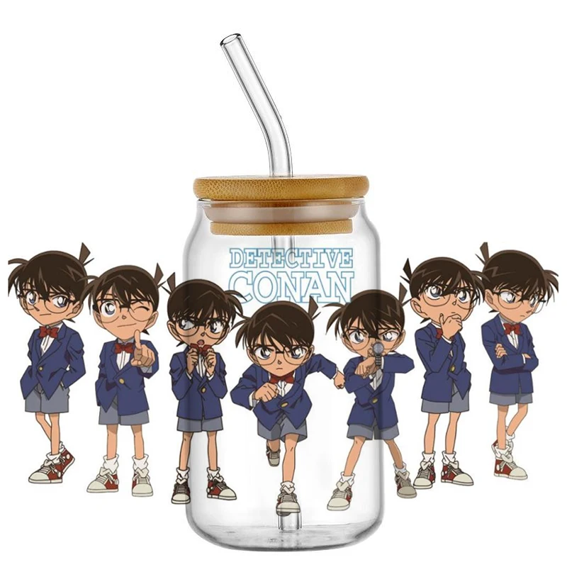 Novo design detetive conan 3d decalque uv dtf copo envoltórios para 16oz à prova dwaterproof água uv dtf transferência adesivo óculos caneca diy envoltório adesivo