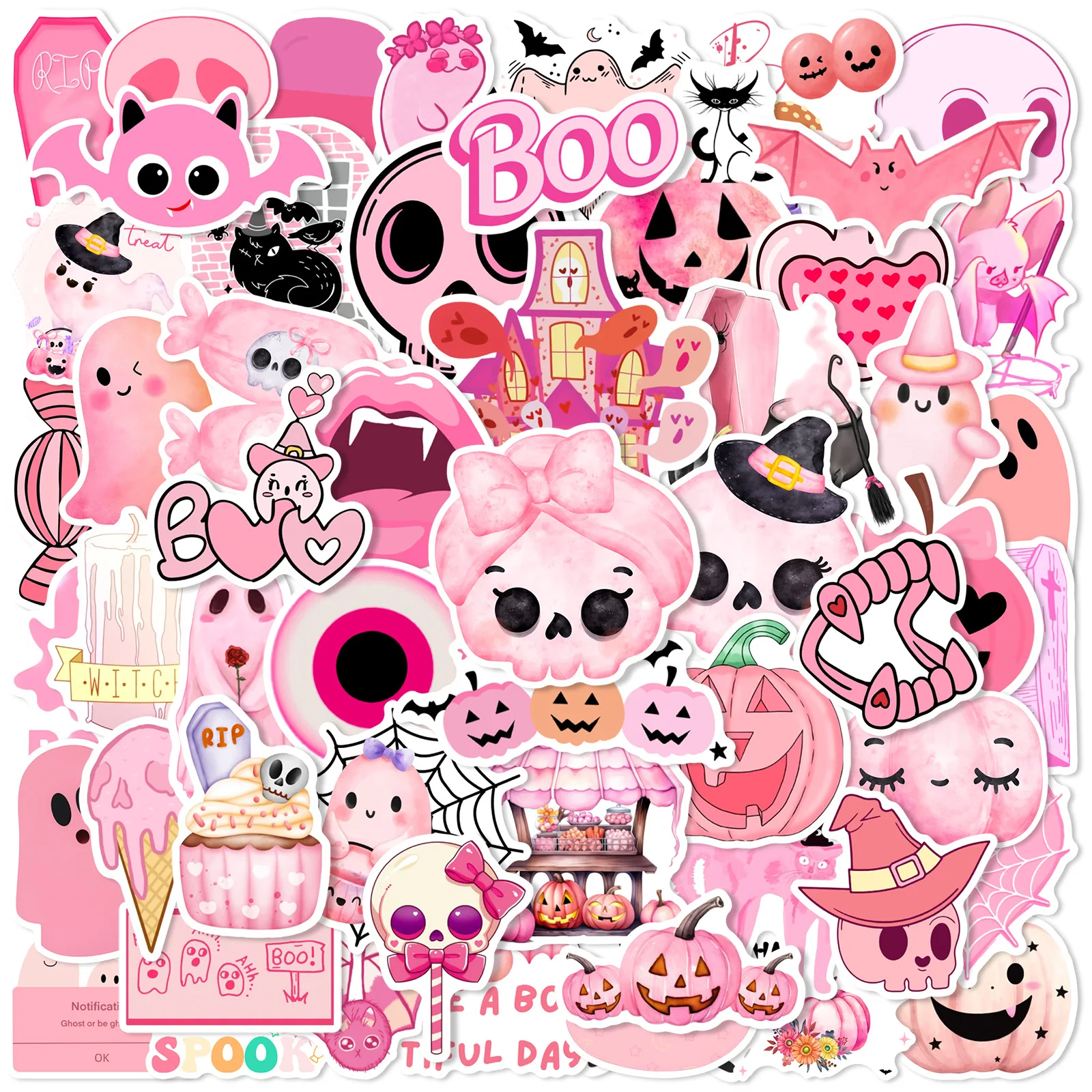 56Pcs Pink Halloween Cartoon Stickers Cute Ghost Skull Decals Decoration Notebook Phone Motorcycle Fridge Kids Toys Gift Sticker