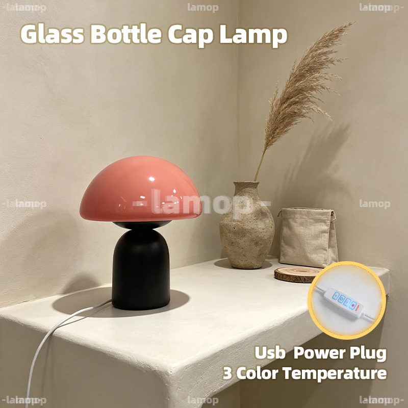 Glass Gentle‑Halo Dome‑Cap Canopy Jar‑Type Base Table Lamp Retro‑Literary Casual 3 Tone Mellow Aura Study Desk Shelf Decor