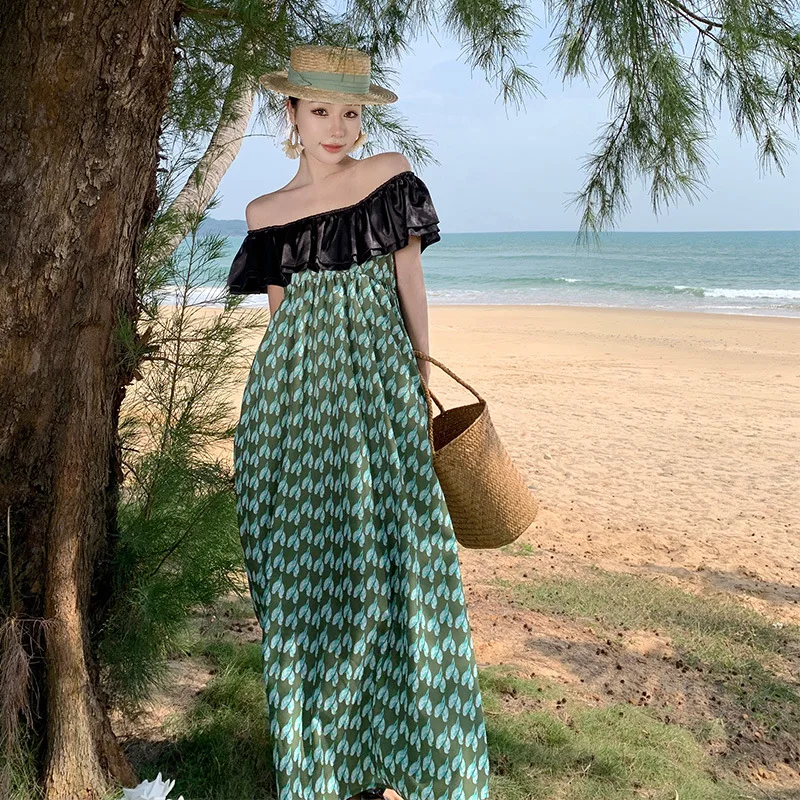 Summer Black lotus leaf Kingfisher one-shoulder dress skirt Sanya seaside tourism beach skirt temperament long dress