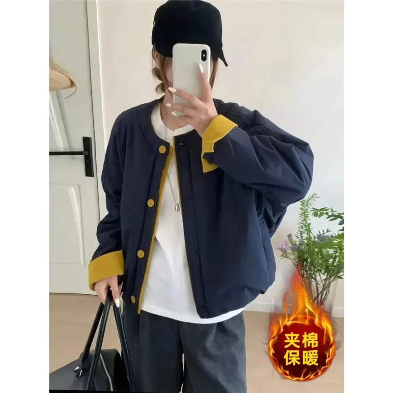 2026 Autumn Winter Women's New Contrast Coat Stitching Edge Cotton-padded Small Female Light Short Jacket Loose Fashion Overwear