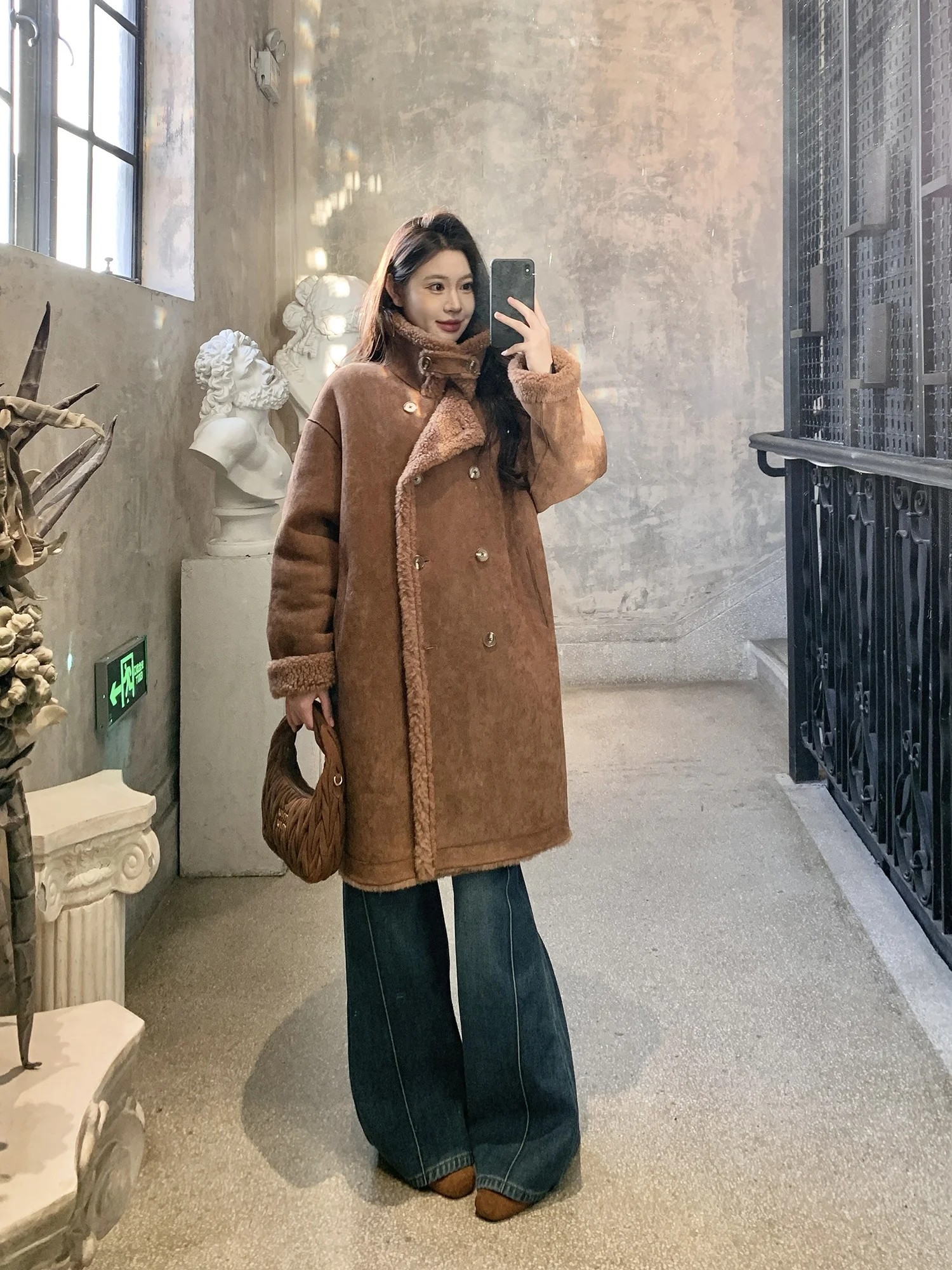 

Женское зимнее теплое пальто Withmxboom ey Home 00 из двусторонней шерсти с отложным воротником, длинное, для повседневной носки