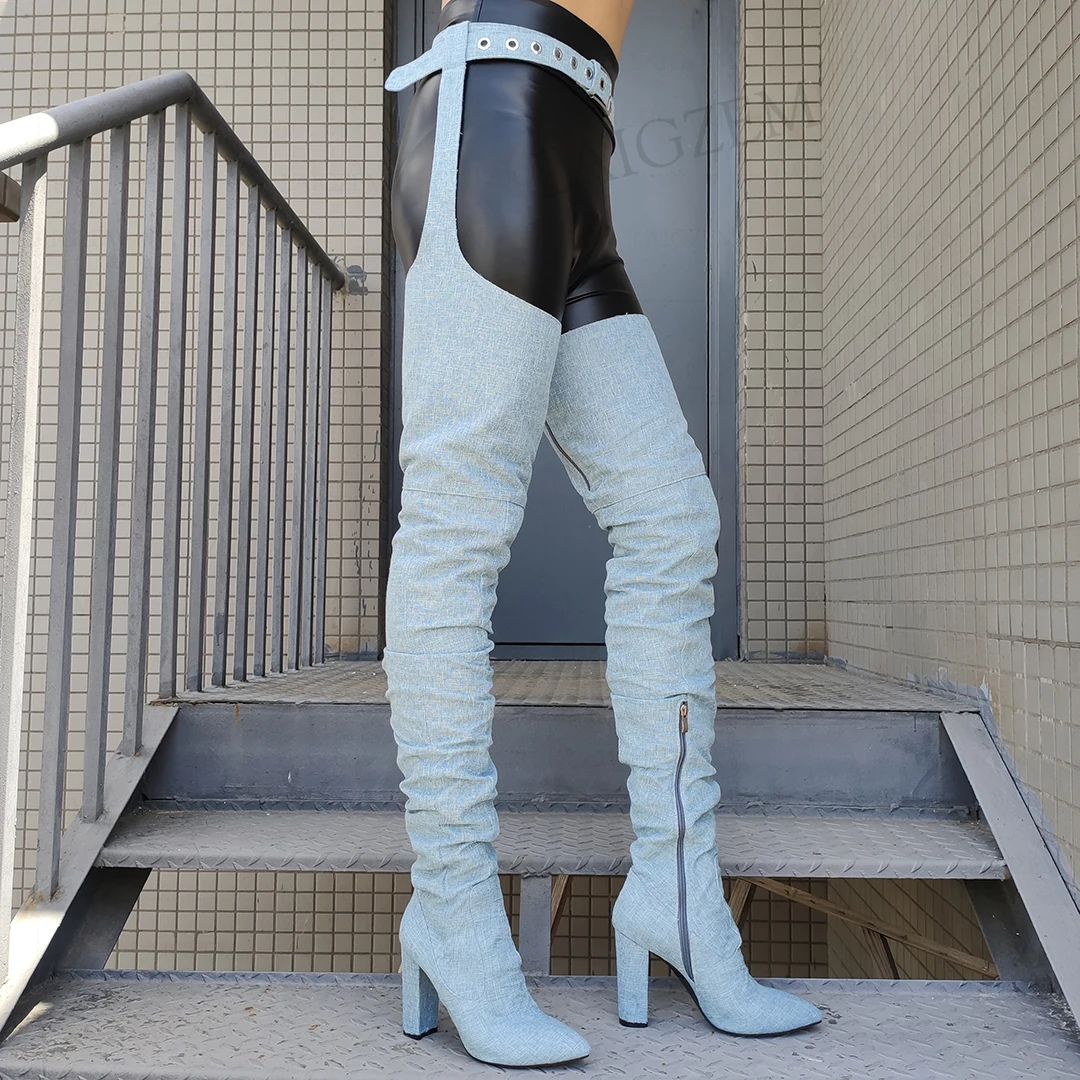 Yapo Women Thigh High Chap Boots Denim Waist Belted Back Side Zip Thick High Heeled Boots Ladies Shoes Woman Big Size 41 45 47