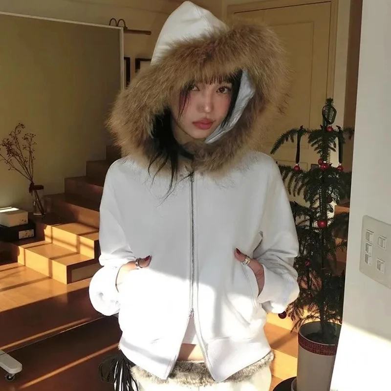 여성 사이버 그런지 후드 코트 가을 긴 소매 지퍼 플러시 브림 후드 포켓 포함 E-girl Preppy Vintage Y2k 스웨트