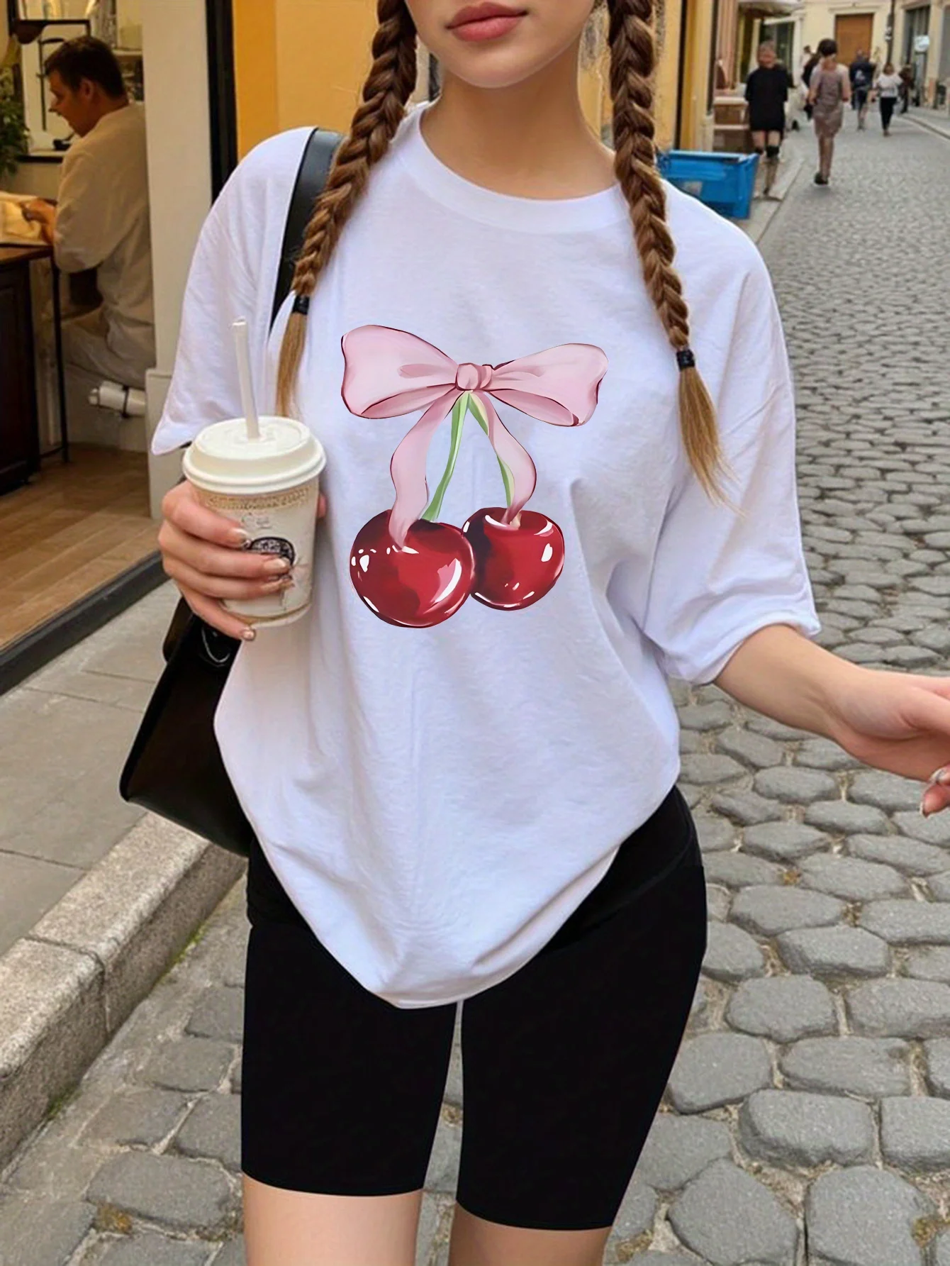 

Women'S Casual T-Shirt with Red Cherry Bow Print Summer Fashion Top Harajuku Short Sleeve Casual Aesthetic Clothes