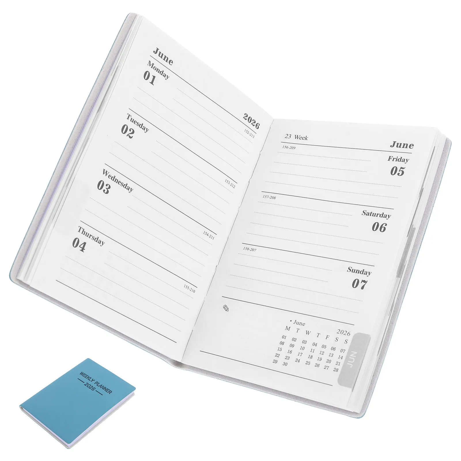 2026 Compact A7 English Planner Pocket Size Weekly Monthly Daily Calendar Notebook Thick White Paper Flat Lay PU Cover for Work