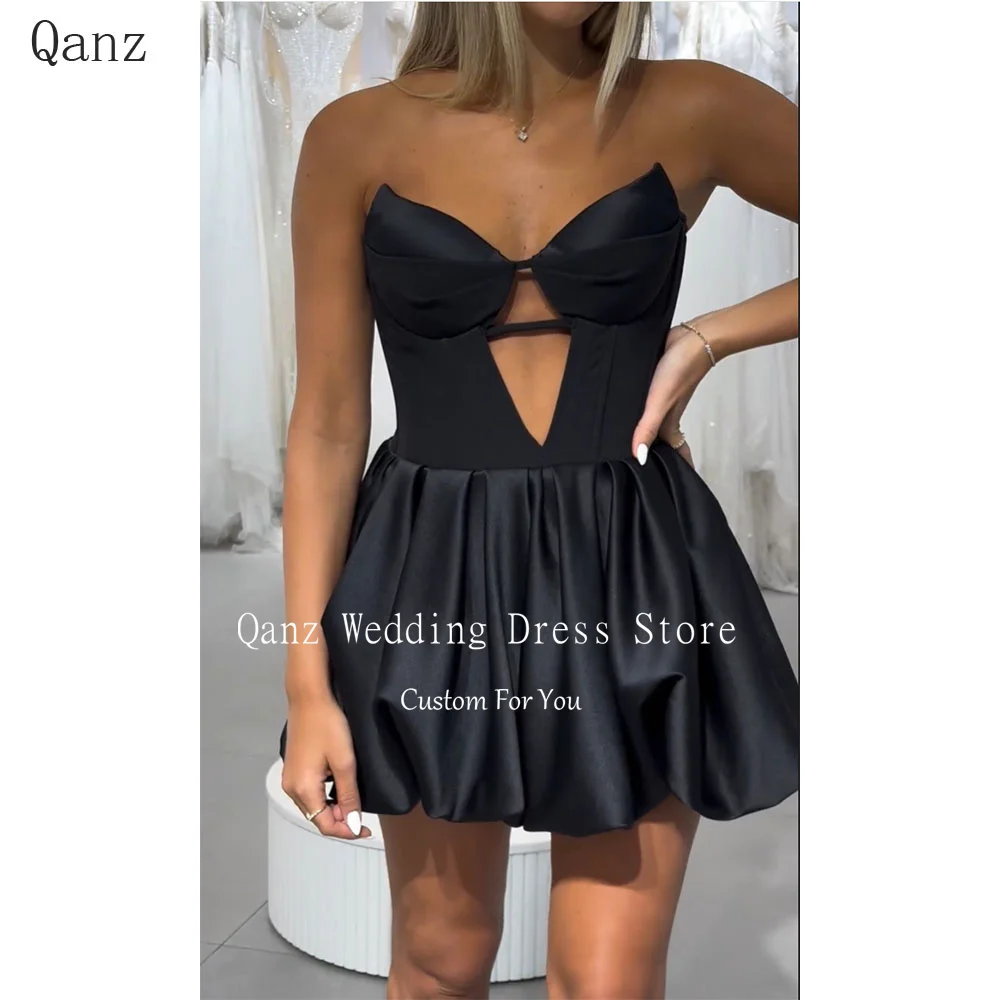 

Qanz Modern Black Mini Prom Dresses Strapless Short Satin Corset Dresses for Special Occasions Vestidos De Fiestas Elegantes Muj