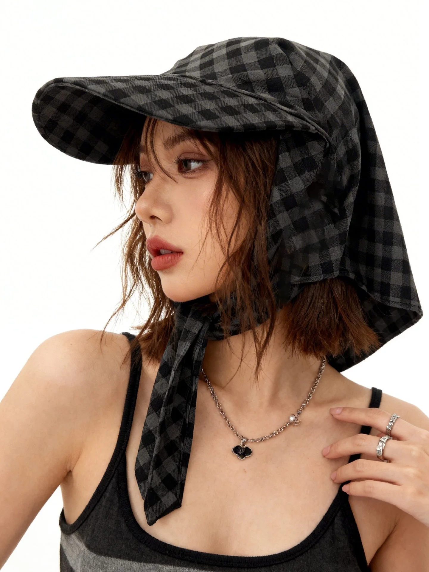 

Trendy Plaid Baseball Cap Women's Spring Season Versatile Headscarf Hat Face Slimming Ambiance Hat Polyester Fiber Sunscreen