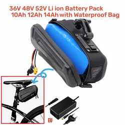 36V 48V 52V 12Ah 18650 Rechargeable Lithium Battery Pack 10S4P 1000W Power Bicycle Scooter Electric Vehicle with Waterproof Bag