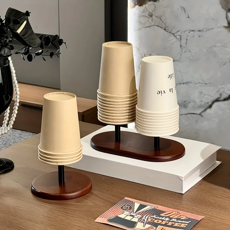 Wooden Desktop Paper Cup Storage Holder Countertop Coffee Bar Organizer Disposable Cup Dispenser for Home Desk Supplies