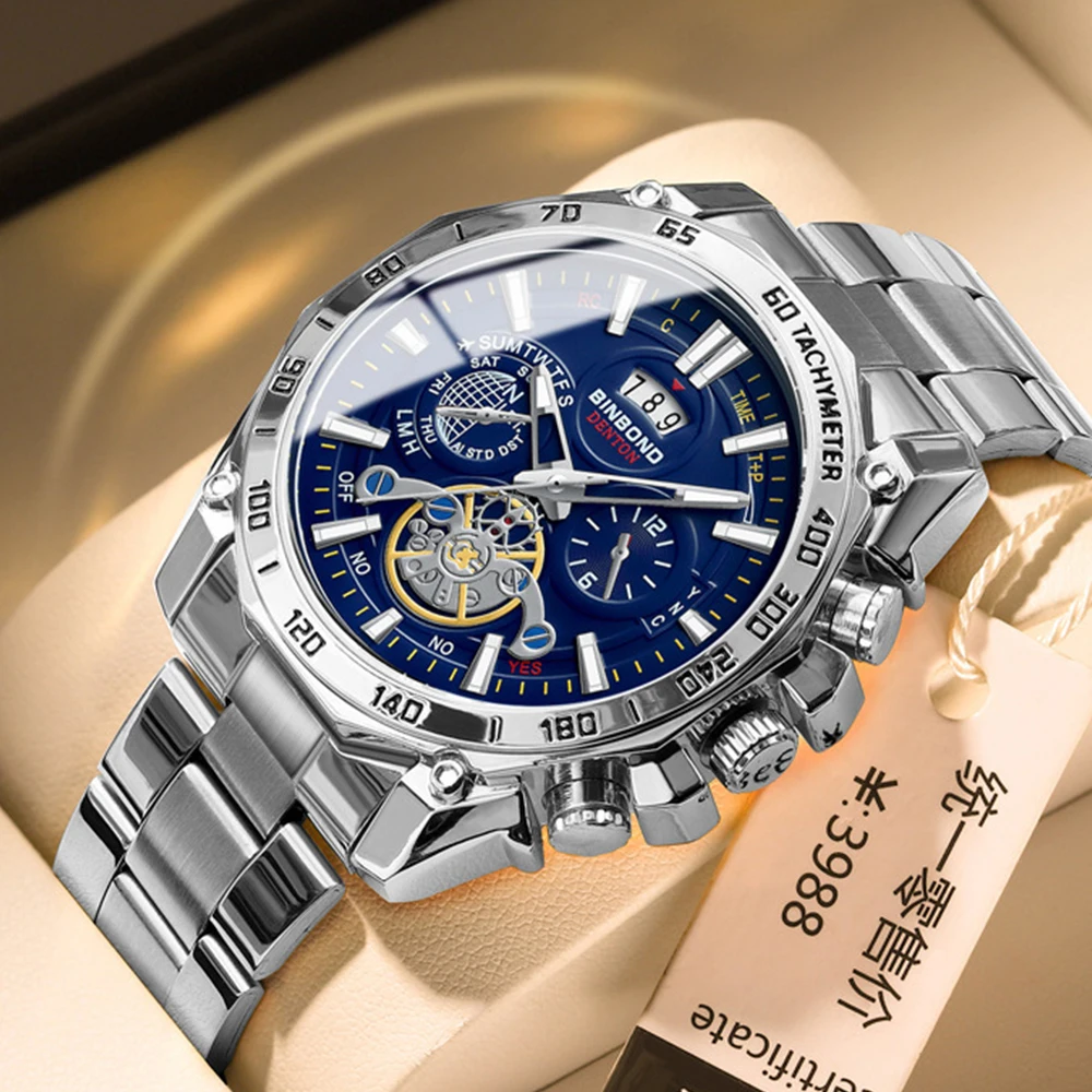 BINBOND Men\'s watches Casual Fashion Flywheel Style Original Quartz Wristwatch for Man Waterproof Stainless Steel Luminous Date