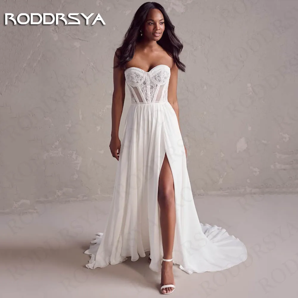 RODDRSYA Boho Wedding Dress 2024 Bride Lace Strapless Chiffon Split A Line Bridal Gown Off Shoulder Sweetheart robe de mariée